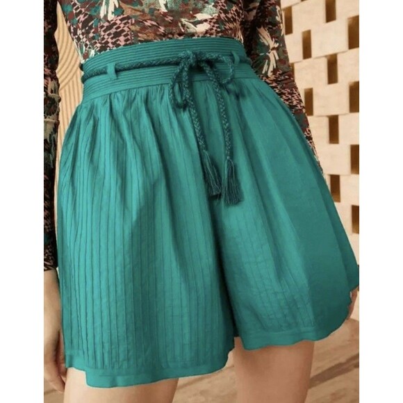NWT ULLA JOHNSON RINA SHORTS VERDIGRIS Teal Blue Green Size 12 High Rise Belted
